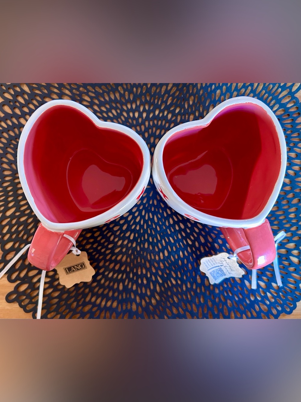 2 Lang by Design Group X/O Hand Painted Heart Shape Coffee Mugs 
New with Tags